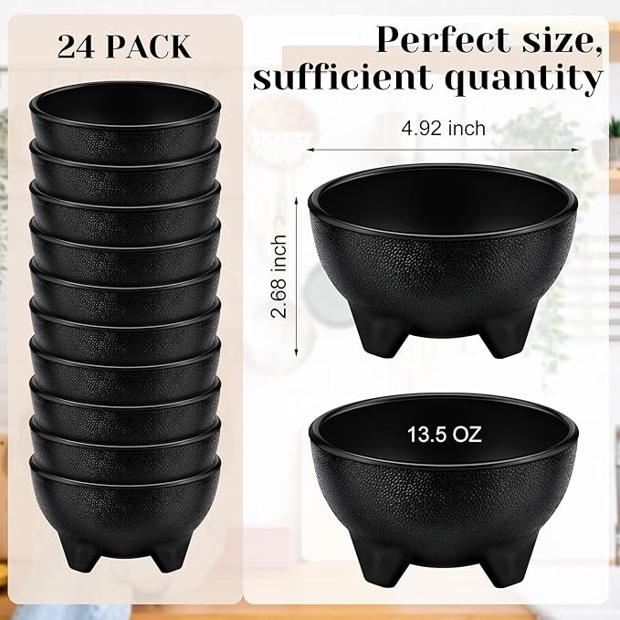 Zubebe 24 Pcs Salsa Bowls for Party 13.5 oz Plastic Mexican Bowls 4.9" Diameter Guacamole Chip and Salsa Serving Dish Molcajete Bowl for Party Fiesta Chipotle Sauce Food Candy(Black)