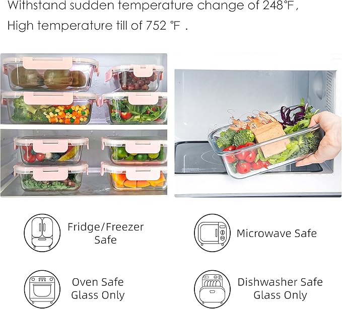 10 Pack Glass Food Storage Containers, Glass Meal Prep Containers with Lids Leak Proof, Microwave & Freezer Safe (34oz & 12oz)