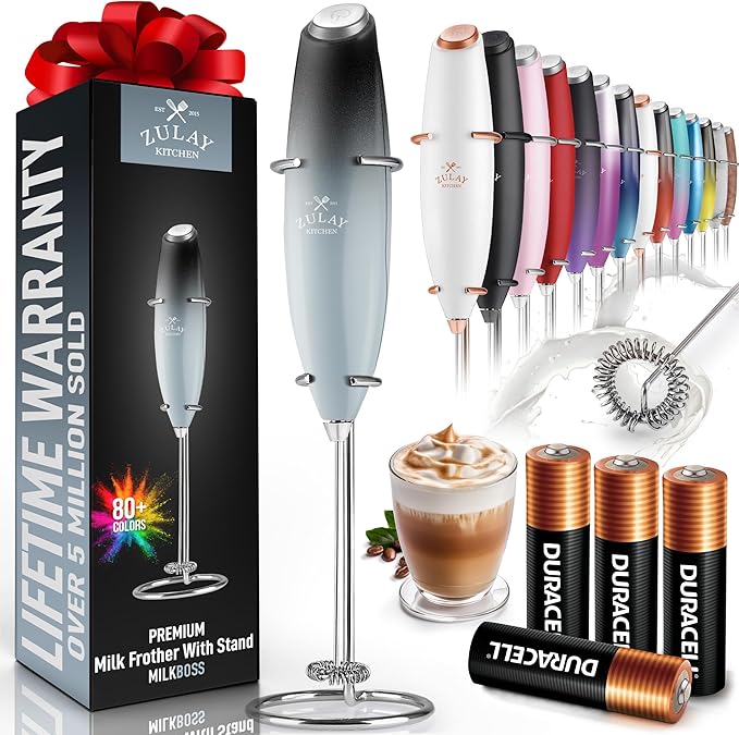 Zulay Kitchen Powerful Milk Frother Wand With 4 AA Duracell Batteries - Ultra Fast Handheld Drink Mixer - Electric Whisk Foam Maker for Coffee, Lattes, Cappuccino, Matcha & Creamer