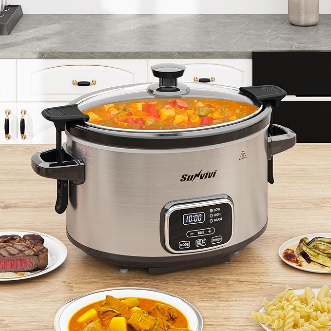 Sunvivi 4QT Programmable Slow Cooker with Locking Lid, Removable Ceramic Pot, 3 Heating Settings & Timer, Dishwasher-Safe, Stainless Steel