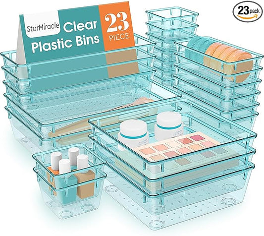 23 PCS Drawer Organizer Set, 5 Varied Size Bathroom and kitchen Drawer cabinet organizer Trays, Clear Storage Bins for Makeup, Jewelry, Utensils and Gadgets