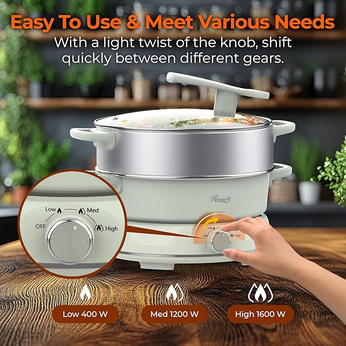 Rosewill 12.7 QT Electric Hot Pot Slow Cooker with Multiple Functions, Split Design with 11.8 inch Wider Cooking Pot and SUS Steam Basket, 1600W High Power, Includes Utensils - Light Green