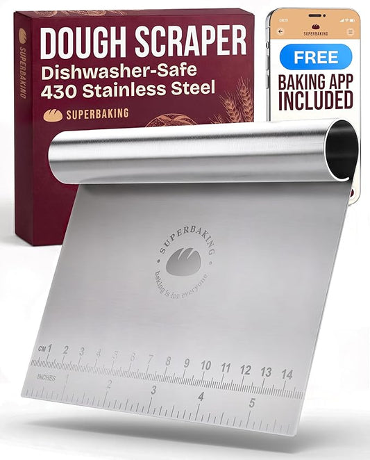 Superbaking Dough Scraper - 6" Stainless Steel Bench Scraper - Dough Cutter with Ruler - Pastry & Cake Scraper - Kitchen Tools Sourdough Baking Supplies - Bread Making Tools & Accessories for Bakers