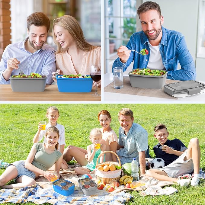 Cherrysea 2Pack Salad Lunch Container, 68oz Salad Bowls with 4 Compartments Tray,Leak Proof Lunch Box with Fork for Men,Women BPA-Free Snack Container with Sauce Container for Dressings-Grey