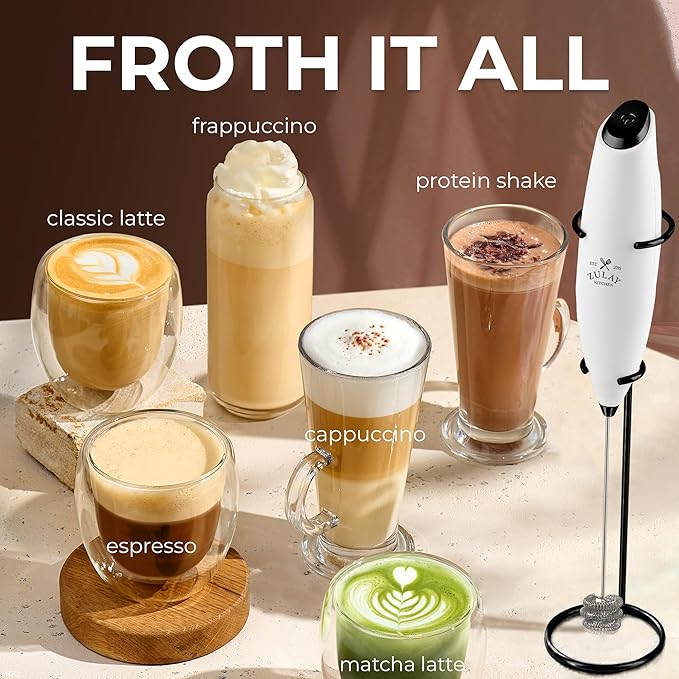 Zulay Kitchen Patented Tornado Triple Whisk Milk Frother with 4 Duracell Batteries – Handheld Foam Maker for Coffee, Lattes, Matcha & Hot Chocolate – Rich, Creamy Froth in Seconds
