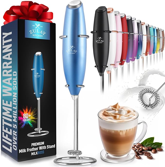 Zulay Powerful Milk Frother Handheld Foam Maker for Lattes - Whisk Drink Mixer for Coffee, Mini Foamer for Cappuccino, Frappe, Matcha, Hot Chocolate by Milk Boss (Metallic Blue)