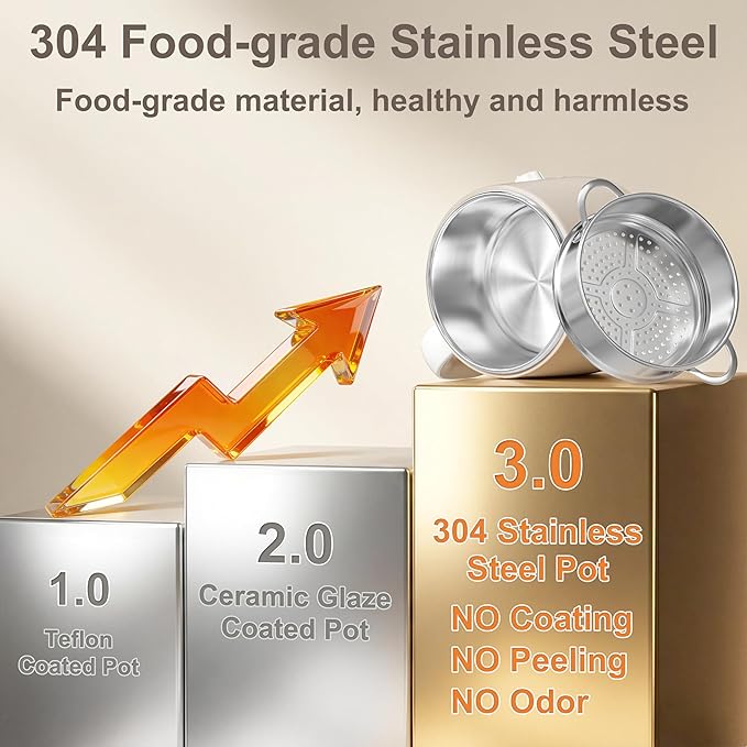 Dezin Hot Pot Electric with Steamer, Rapid Noodles Cooker, Stainless Steel Electric Pot 1.6 Liter, Perfect for Ramen, Egg, Dumpling, Soup, Oatmeal with Temperature Control and Keep Warm Function