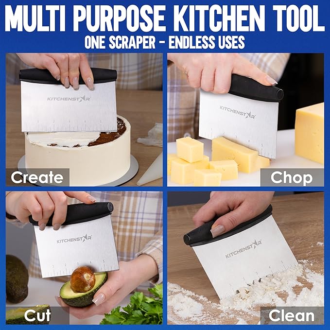 KitchenStar 6-inch Bench Dough Pastry Scraper with Measurement Markings & Ergonomic Handle - Multipurpose Sharp Cutter Tool for Bread, Pizza & Vegetables - Stainless Steel Bench Knife, Dishwasher Safe