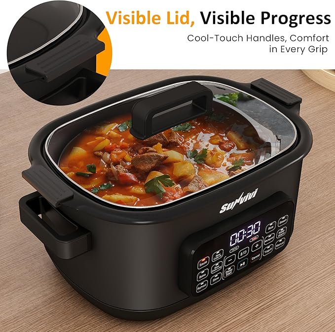 Sunvivi 12-in-1 Multi Slow Cooker Roaster Oven, 6.5QT Sliver Digital Programmable Slow Cooker with Rack, Large Removable Nonstick Crock, Glass Lid, Multicooker with Timer Temp Control, Black