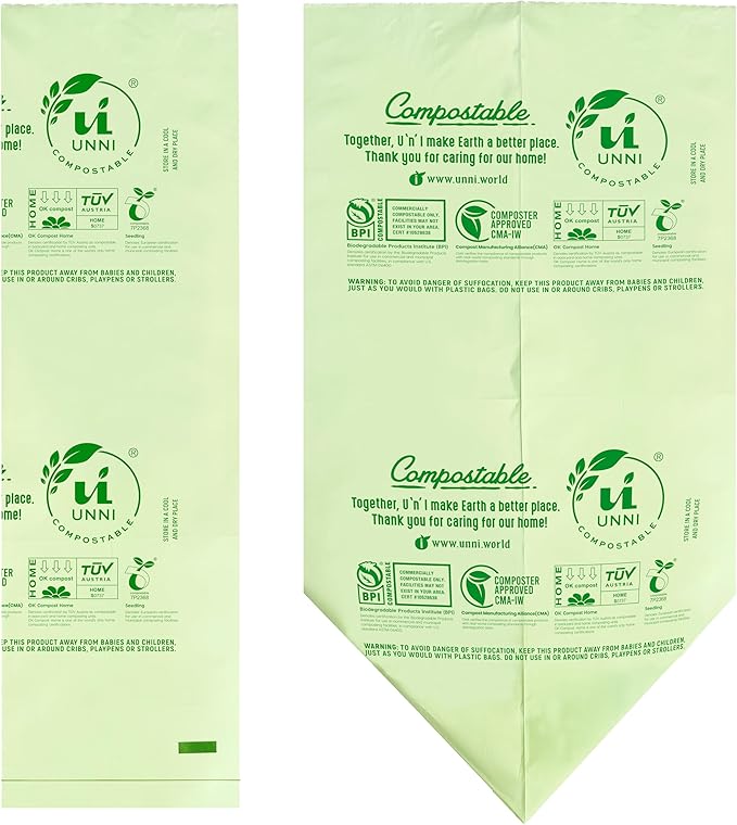 UNNI Compostable Trash Bags, 8 Gallon / 30 Liter, 50 Count, Extra Thick 0.85 mil Medium Kitchen Food Scrap Bin Liners, Certified by BPI, CMA & OK compost HOME, Meets the ASTM D6400 Standard