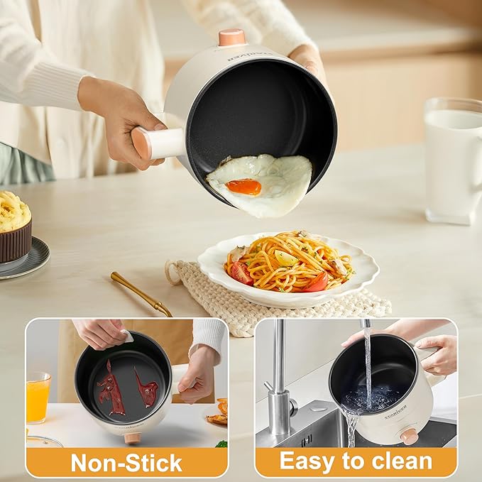 Stariver 1.5L Electric Hot Pot with Dual Power - Mini Portable Non-Stick Noodle Cooker for Ramen, Soup, Pasta, Egg, Oatmeal - Overheat & Boil-Dry Protection - Ideal for Dorm, Office, Travel Gift