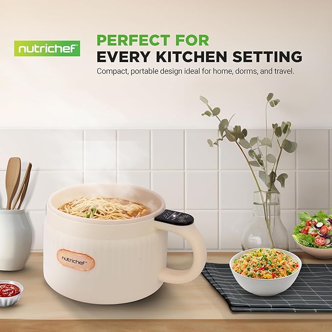 NutriChef 1.6 QT Portable Electric Rice Cooker & Lunch Maker | Multi-Functional & Non-Stick Ceramic Coating | Digital Control Panel | 6 Cook Functions: Rice, Soup, Stew, Porridge & More | White