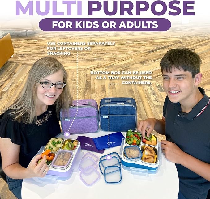 kinsho Stainless Steel Bento Lunch Box Set for Adults, Kids - Insulated Bag and Ice Pack - Leak-Proof Metal Compartment Meal Prep Food & Snack Containers for Work Travel School Daycare, 36 oz Purple