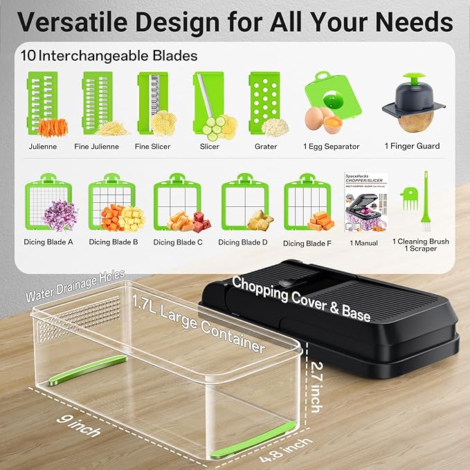 15-in-1 Vegetable Chopper, Kitchen Gadgets with 10 Blades, Veggie, Food, Onion Chopper, Cucumber Slicer, Versatile Mandoline, Includes Egg Separator & Finger Guard, Green