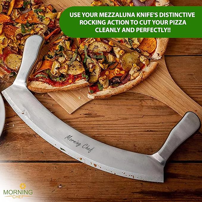 12" Stainless Steel Mezzaluna Knife | Pizza Cutter | Chopper Dicer Mincer | Curved Blade with Steel Handles | Mezzaluna Sheath Pizza Cutter Rocker, Rocker Knife Veggie Cutter