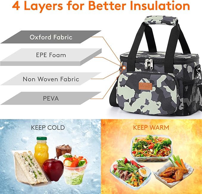 Lifewit Medium Lunch Bag Insulated Lunch Box Soft Cooler Cooling Tote for Adult Men Women, Camouflage 12-Can (9L)