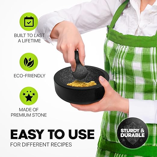 Umien Granite Mortar and Pestle Set - 8-Inch Natural Stone Molcajete with Avocado Tool - 3.5 Cup Capacity for Spices, Herbs, Pestos & Guacamole - Premium Kitchen Gift (Black)