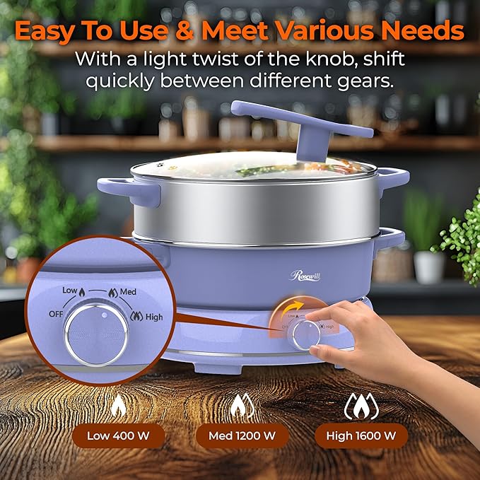 Rosewill 12.7 QT Electric Hot Pot Slow Cooker with Multiple Functions, Split Design with 11.8 inch Wider Cooking Pot and SUS Steam Basket, 1600W High Power, Includes Utensils - Iris