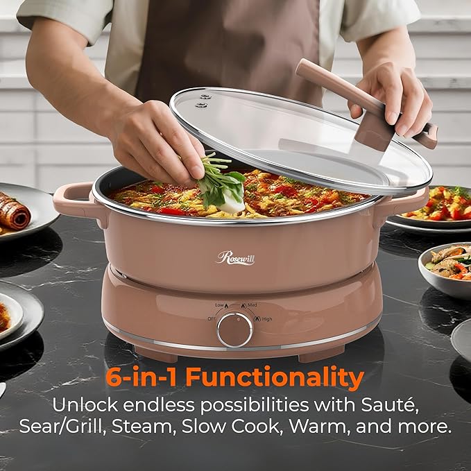 Rosewill 12.7 QT Electric Hot Pot Slow Cooker with Multiple Functions, Split Design with 11.8 inch Wider Cooking Pot and SUS Steam Basket, 1600W High Power, Includes Utensils - Mocha