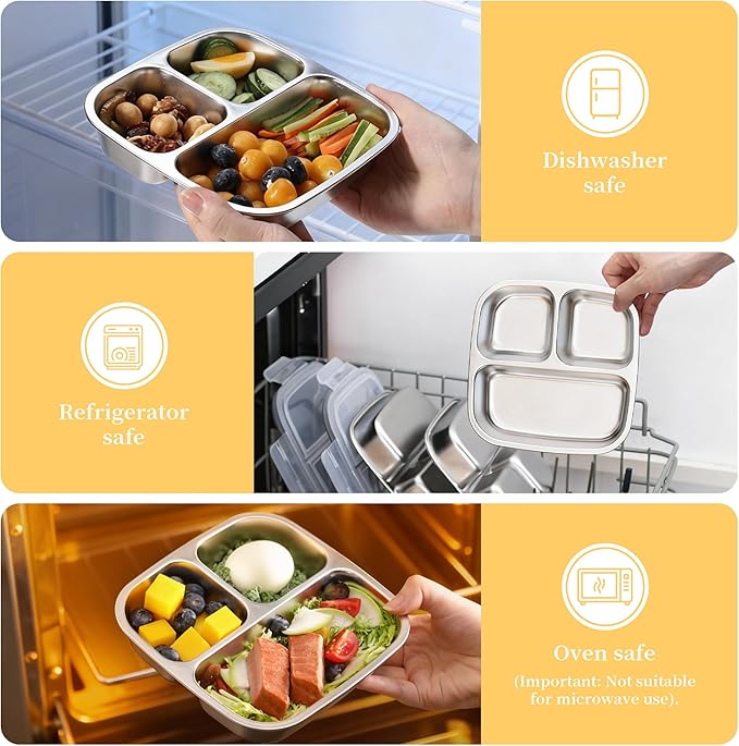 2 Pack Stainless Steel Snack Containers with Lids 3 Compartment Snackle Box Container Lunch Box for Adults Meal Prep Bento Box Containers Reusable Work (2, Gray, 600ml)