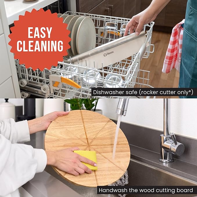 Chef Pomodoro 14" Pizza Cutter Rocker Blade and Pizza Cutting Board Set – Premium Stainless Steel Pizza Slicer with Wooden Pizza Serving Board – Pizza Wooden Board with Pizza Cutting Guide