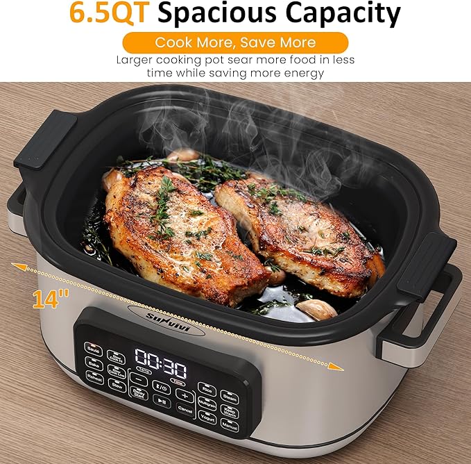 Sunvivi 12-in-1 Multi Slow Cooker Roaster Oven, 6.5QT Sliver Digital Programmable Slow Cooker with Rack, Large Removable Nonstick Crock, Glass Lid, Multicooker with Timer Temp Control, Delay Start