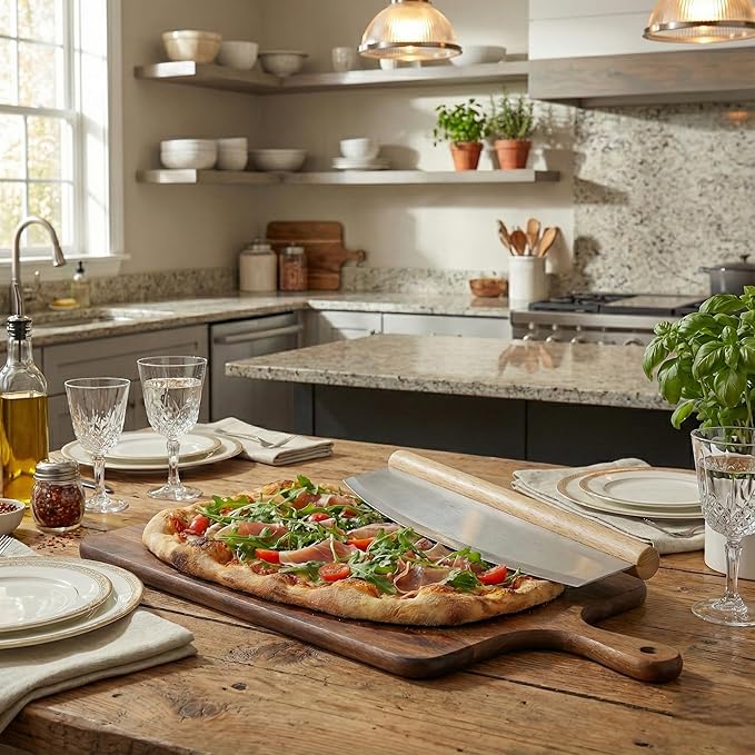 14-Inch Stainless Steel Professional Pizza Rocker Knife, Wood Handle Blade Cutter with Comfort Cover, Commercial Grade Pizza Slicer