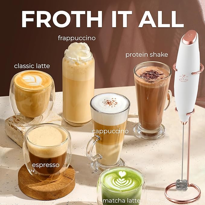 Zulay Kitchen Patented Tornado Triple Whisk Milk Frother with 4 Duracell Batteries – Handheld Foam Maker for Coffee, Lattes, Matcha & Hot Chocolate – Rich, Creamy Froth in Seconds