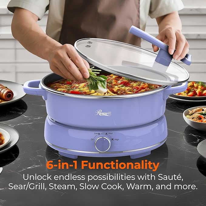 Rosewill 12.7 QT Electric Hot Pot Slow Cooker with Multiple Functions, Split Design with 11.8 inch Wider Cooking Pot and SUS Steam Basket, 1600W High Power, Includes Utensils - Iris