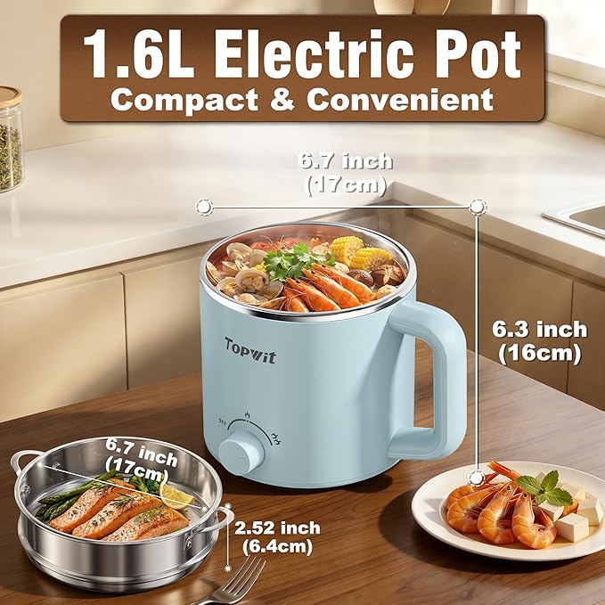 Topwit Hot Pot Electric with Steamer, 1.6L Ramen Cooker, Electric Pot for Pasta, Shabu-Shabu, Oatmeal, Soup and Egg, Portable Cooker with Dual Power Control, Dorm Room Essentials, Blue