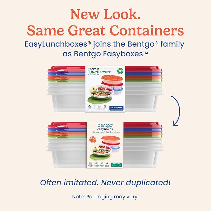 Bentgo Easyboxes 4-Compartment Oval Containers - Patented Design 8-Piece Set; 4 Trays & 4 Fitted Lids Seal in Freshness; Reusable Food Storage & Meal Prep BPA-Free Containers (Classic)