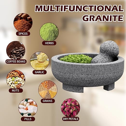 Unpolished Granite Mortar and Pestle - Molcajete Mexican Mortarl,7.8 Inch 4 Cup Manual Stone Grinder,Family Day Salsa,Guacamole,Spice Grinder