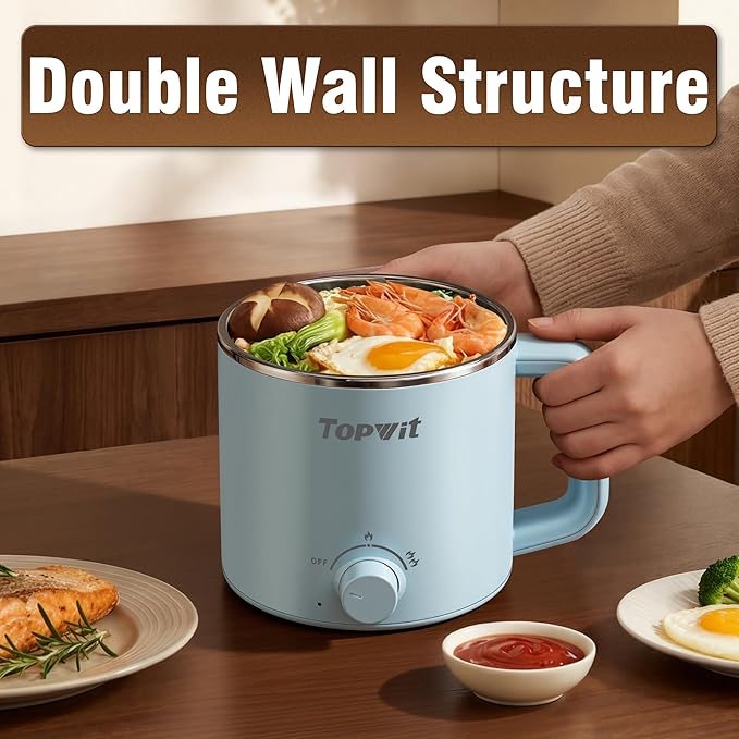 Topwit Hot Pot Electric with Steamer, 1.6L Ramen Cooker, Electric Pot for Pasta, Shabu-Shabu, Oatmeal, Soup and Egg, Portable Cooker with Dual Power Control, Dorm Room Essentials, Blue