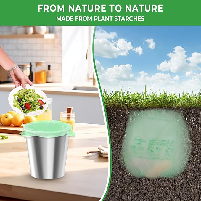 1.6 Gallon Handle Tie Compostable Food Scrap Bags For Counter Top Compost Bin, Small Compost Bags, 80 Count, 6 Liter, BPI & OK compost INDUSTRIAL Certified