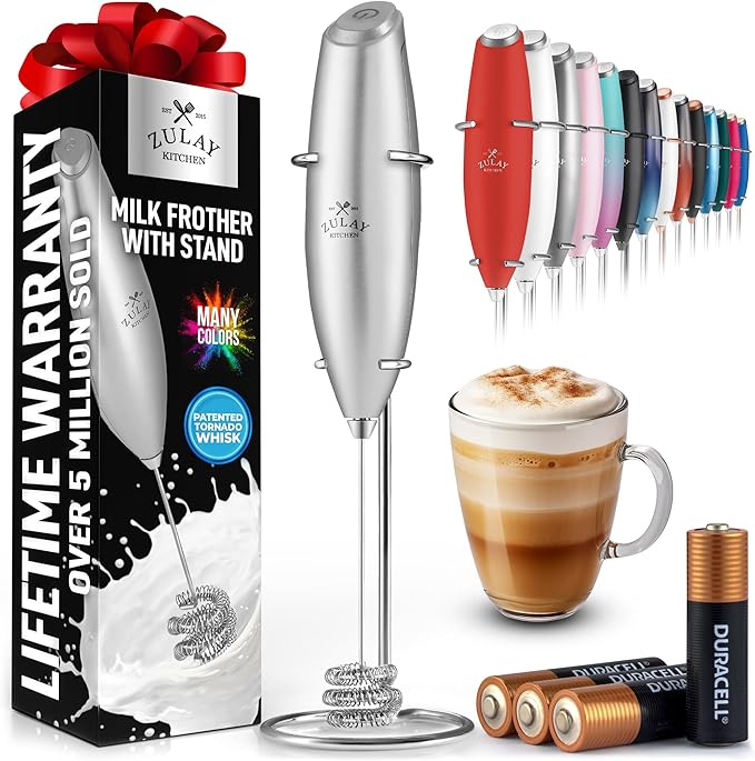 Zulay Kitchen Patented Tornado Triple Whisk Milk Frother with 4 Duracell Batteries – Handheld Foam Maker for Coffee, Lattes, Matcha & Hot Chocolate – Rich, Creamy Froth in Seconds