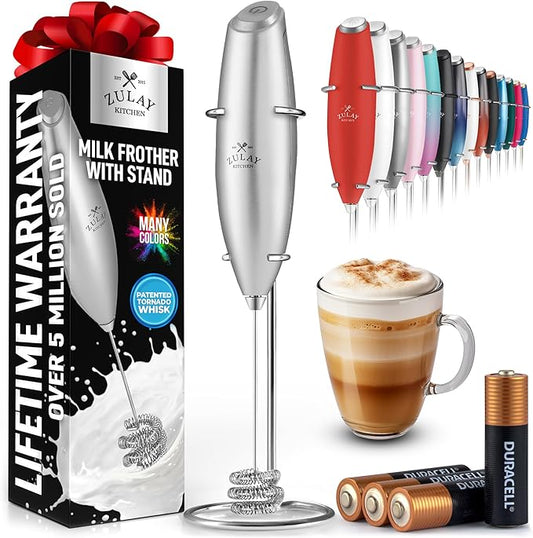 Zulay Kitchen Patented Tornado Triple Whisk Milk Frother with 4 Duracell Batteries – Handheld Foam Maker for Coffee, Lattes, Matcha & Hot Chocolate – Rich, Creamy Froth in Seconds