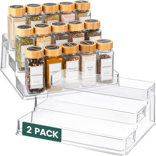 Oizeir Clear Spice Rack (2-Pack) – 3-Tier Acrylic Organizer for Cabinet – Deep Spice Shelf – 10.4 x 9.6 x 4 Inches – Holds Seasoning and Condiments
