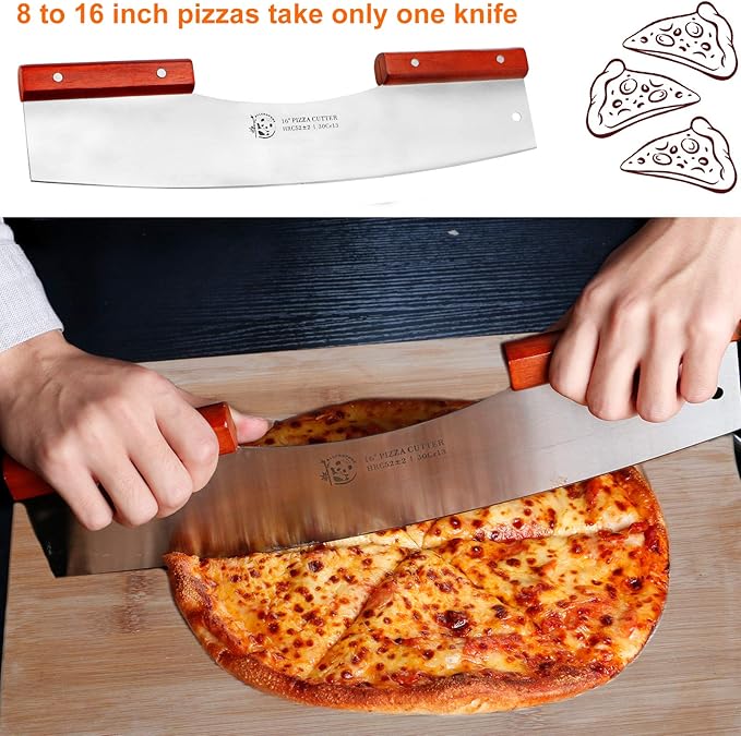 AILUROPODA Pizza Cutter Rocker with Knife Sharpener & Protective Cover 16" Large Pizza Rocker Cutter Sharp Pizza Slicer 30Cr13 Stainless Steel Pizza Knife (Silver)