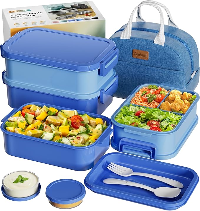Adults Bento Box with Insulated Lunch Bag, 74oz Capacity 3 Stackable Leak-Proof Bento Box Built-In Utensil and Sauce, PFAS & BPA-Free, Microwave & Dishwasher Safe (Ocean Blue)