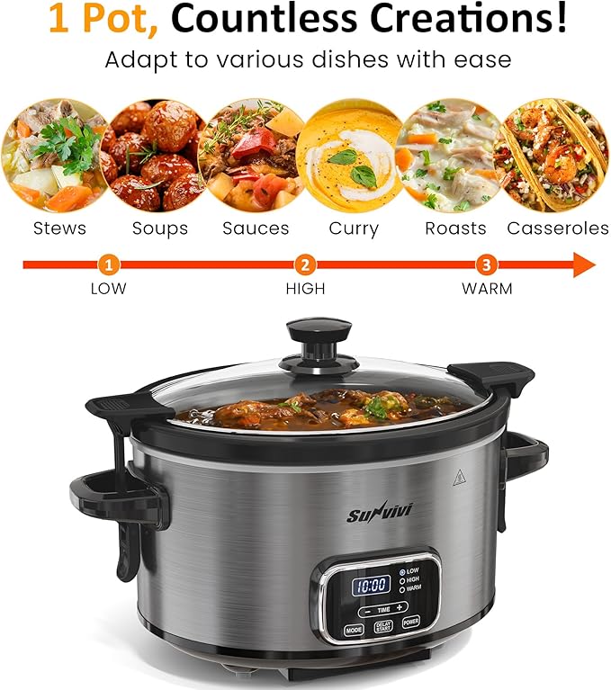 Sunvivi 4QT Slow Cooker, Programmable Pot with Locking Lid, Removable Ceramic Pot, 3 Heating Settings & Time Control,Dishwasher-safe Lid, Grey