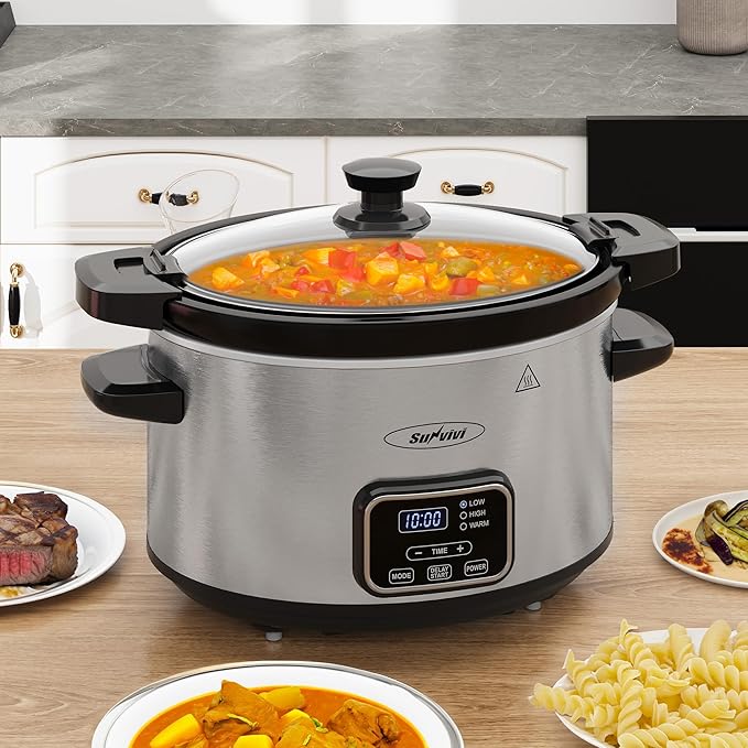 Sunvivi 4qt Slow Cooker, Programmable Slow Cooker with Locking Lid, Removable Ceramic Pot, 3 Heating Settings & Time Control, Mini Food Warmer with Dishwasher-safe Lid & Pot, Silver