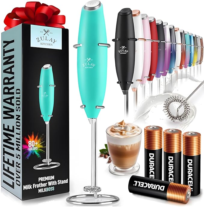 Zulay Kitchen Powerful Milk Frother Wand With 4 AA Duracell Batteries - Ultra Fast Handheld Drink Mixer - Electric Whisk Foam Maker for Coffee, Lattes, Cappuccino, Matcha & Creamer