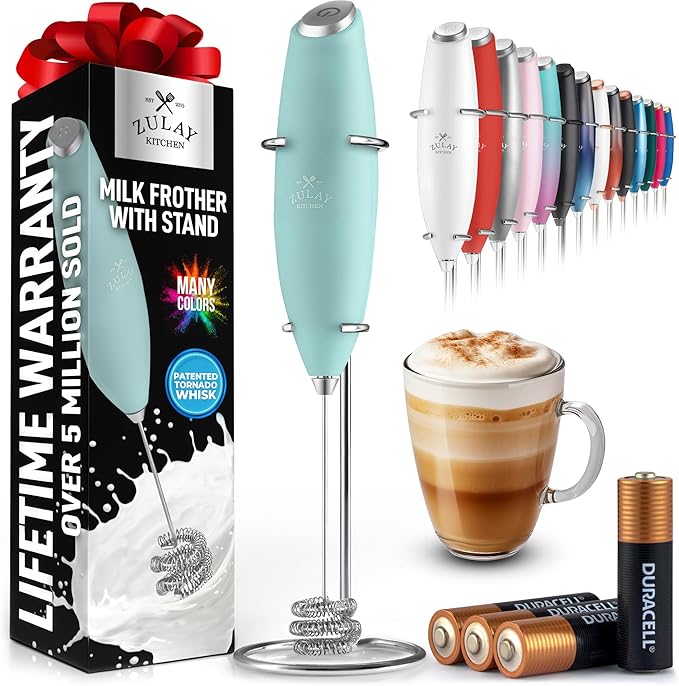Zulay Kitchen Patented Tornado Triple Whisk Milk Frother with 4 Duracell Batteries – Handheld Foam Maker for Coffee, Lattes, Matcha & Hot Chocolate – Rich, Creamy Froth in Seconds