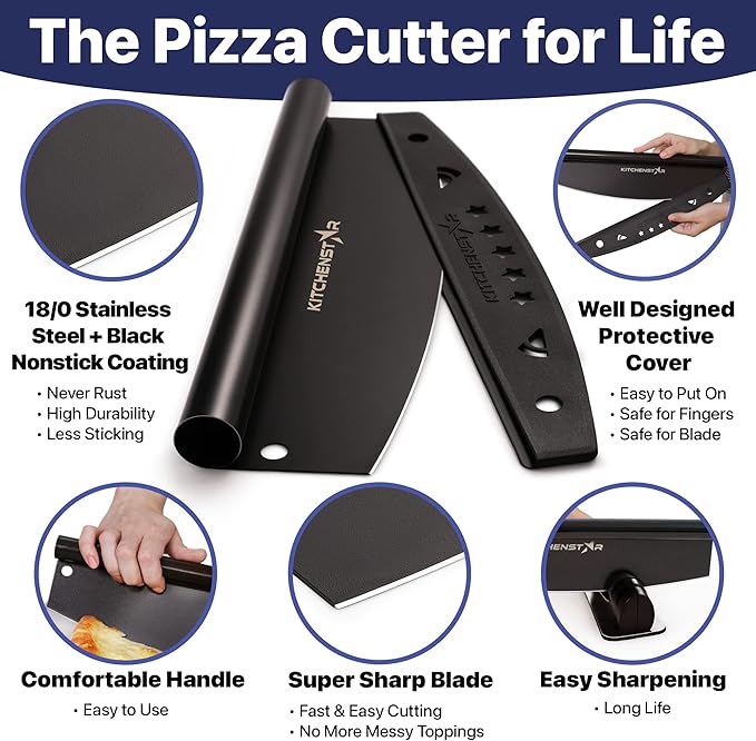 KitchenStar 14-Inch Pizza Cutter Rocker Blade - Sharp Stainless Steel Slicer Knife, Protective Cover, Black, Large - Professional Pizza Oven Accessories