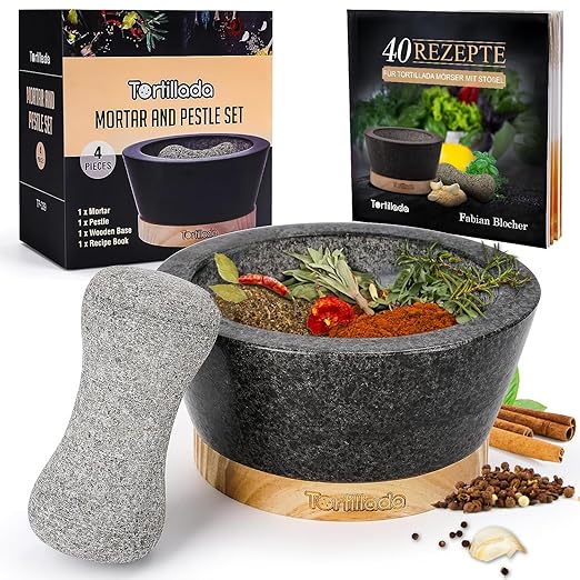 Tortillada – 6-inch Mortar and Pestle Set Large Made of Natural Granite with Anti-Scratch Wood Base Granite Spice Herb Grinder Pill Crusher with 50 Recipes, Black