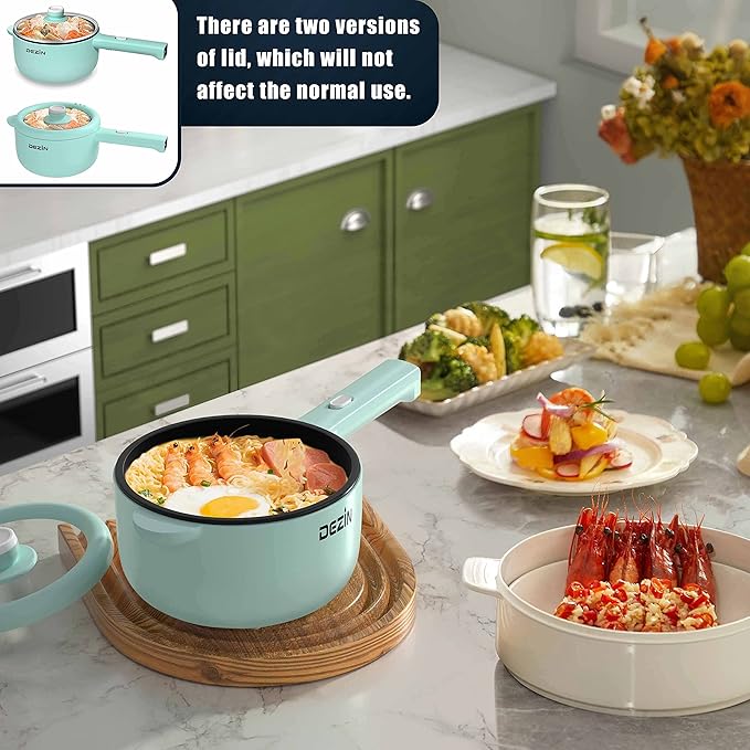 Dezin Hot Pot Electric, 2L Non-Stick Sauté Pan, Rapid Noodles Cooker, Mini Portable Pot for Steak, Egg, Fried Rice, Ramen, Oatmeal, Soup with Power Adjustment & Spatula, College Dorm Room Essential