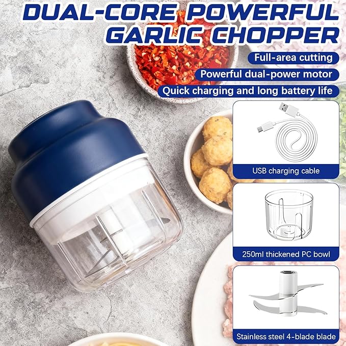 2026 Upgrade Electric Garlic Chopper Mini, Small Garlic Chopper Mincer Rechargeable, 250ml Portable Small Food Processor, Electric Food Chopper Tool for Mashing Onion Garlic Chili Ginger Fruits(Blue)