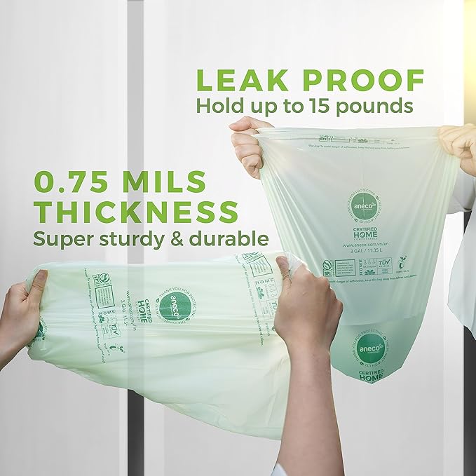 ANECO 100% Compostable Food Waste Bags 3 Gallon, 100 Count, Extra Thick Compost Bags for Countertop Bin, Small Compost Bag, Food Waste Bags with TUV OK Compost Home and BPI certified