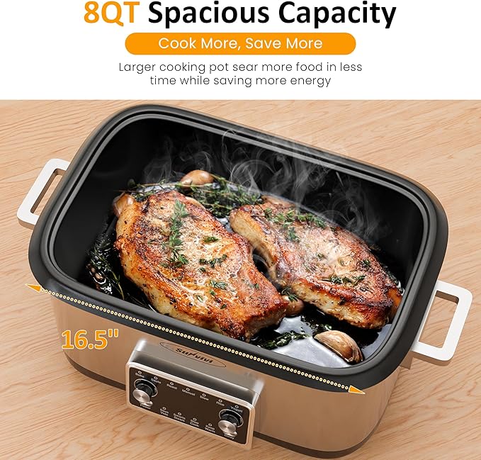 Sunvivi Programmable 8 Quart Slow Cooker, 12 in 1 Multi-Cooker Food Warmer with Digital Timer, Temp Control, Removable Cast Aluminum Pot & Dishwasher-Safe Tempered Glass Lid, Stainless Steel