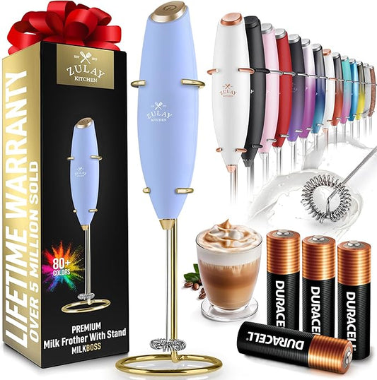 Zulay Kitchen Powerful Milk Frother Wand With 4 AA Duracell Batteries - Ultra Fast Handheld Drink Mixer - Electric Whisk Foam Maker for Coffee, Lattes, Cappuccino, Matcha & Creamer
